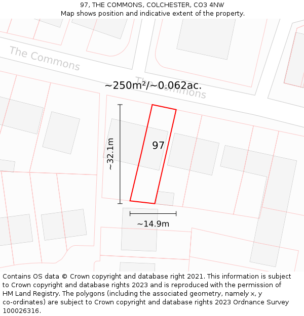 97, THE COMMONS, COLCHESTER, CO3 4NW: Plot and title map