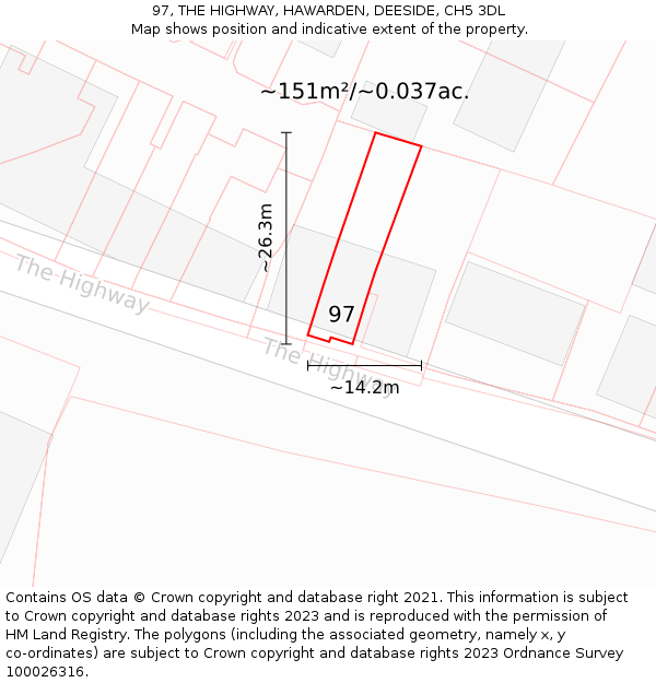 97, THE HIGHWAY, HAWARDEN, DEESIDE, CH5 3DL: Plot and title map