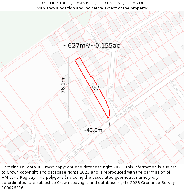 97, THE STREET, HAWKINGE, FOLKESTONE, CT18 7DE: Plot and title map