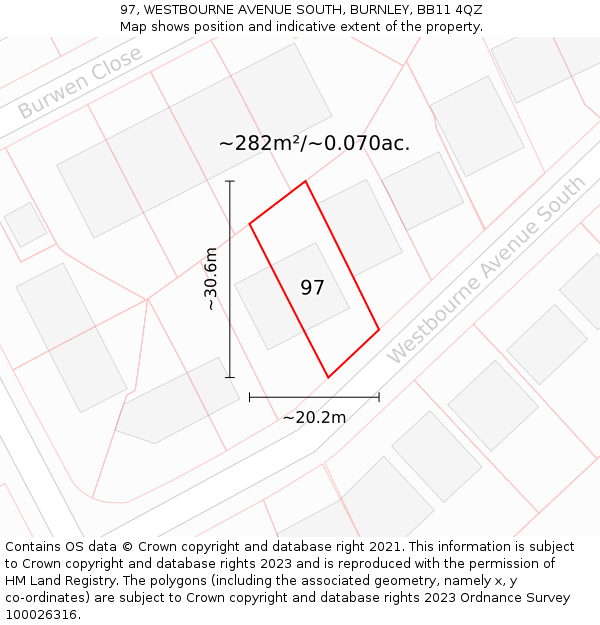 97, WESTBOURNE AVENUE SOUTH, BURNLEY, BB11 4QZ: Plot and title map