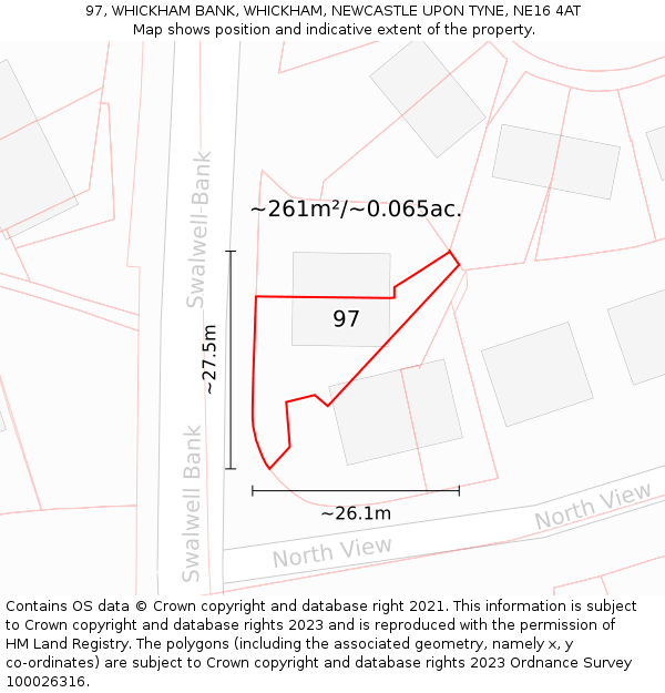 97, WHICKHAM BANK, WHICKHAM, NEWCASTLE UPON TYNE, NE16 4AT: Plot and title map