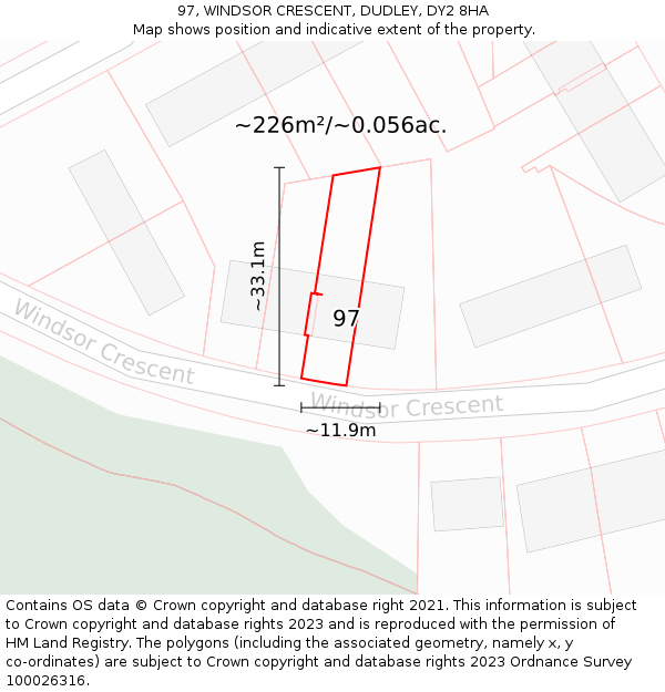 97, WINDSOR CRESCENT, DUDLEY, DY2 8HA: Plot and title map