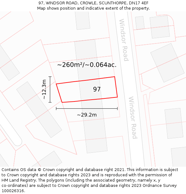 97, WINDSOR ROAD, CROWLE, SCUNTHORPE, DN17 4EF: Plot and title map