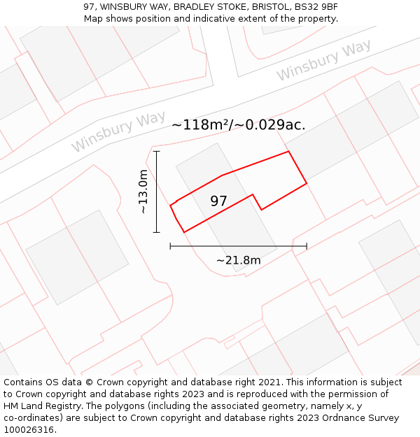 97, WINSBURY WAY, BRADLEY STOKE, BRISTOL, BS32 9BF: Plot and title map
