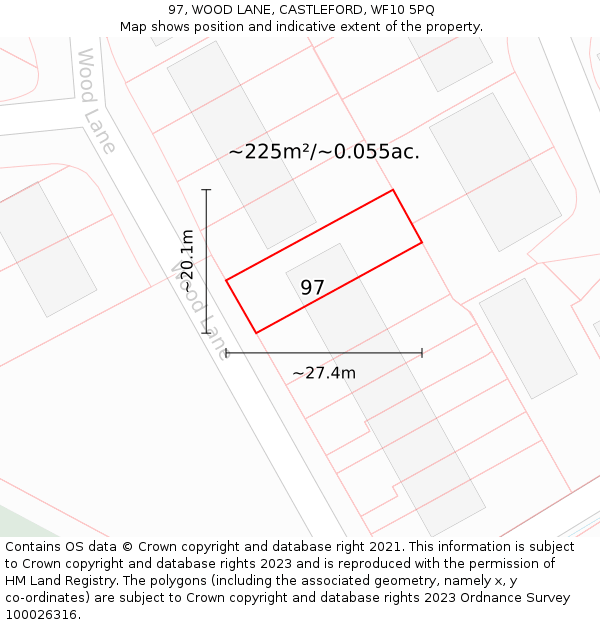 97, WOOD LANE, CASTLEFORD, WF10 5PQ: Plot and title map