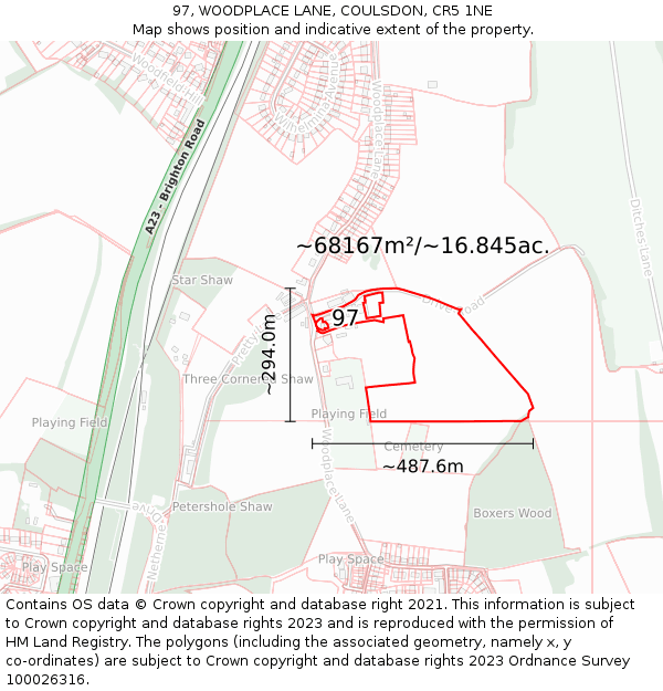 97, WOODPLACE LANE, COULSDON, CR5 1NE: Plot and title map