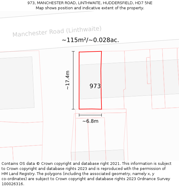 973, MANCHESTER ROAD, LINTHWAITE, HUDDERSFIELD, HD7 5NE: Plot and title map