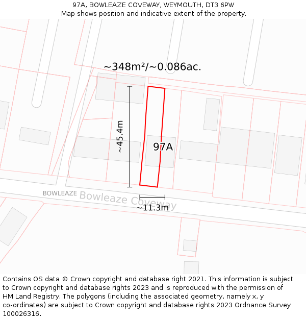 97A, BOWLEAZE COVEWAY, WEYMOUTH, DT3 6PW: Plot and title map