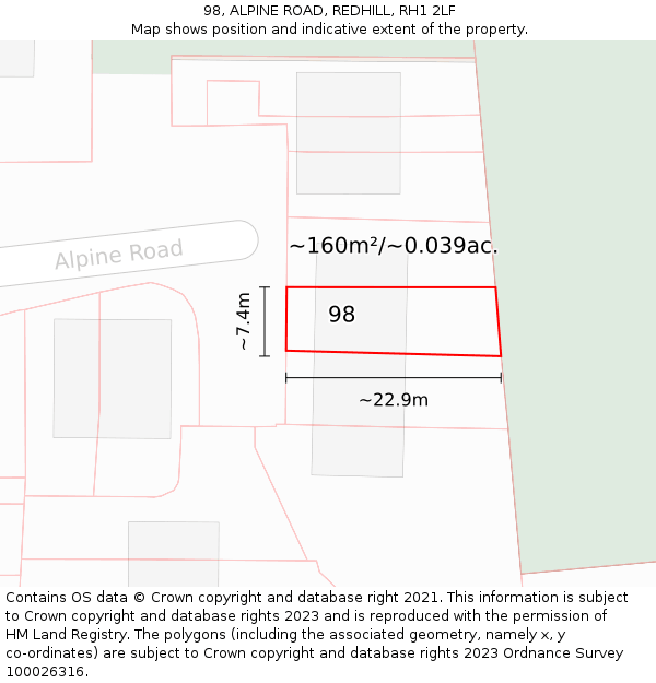 98, ALPINE ROAD, REDHILL, RH1 2LF: Plot and title map