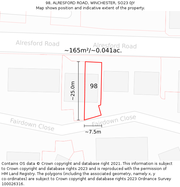 98, ALRESFORD ROAD, WINCHESTER, SO23 0JY: Plot and title map