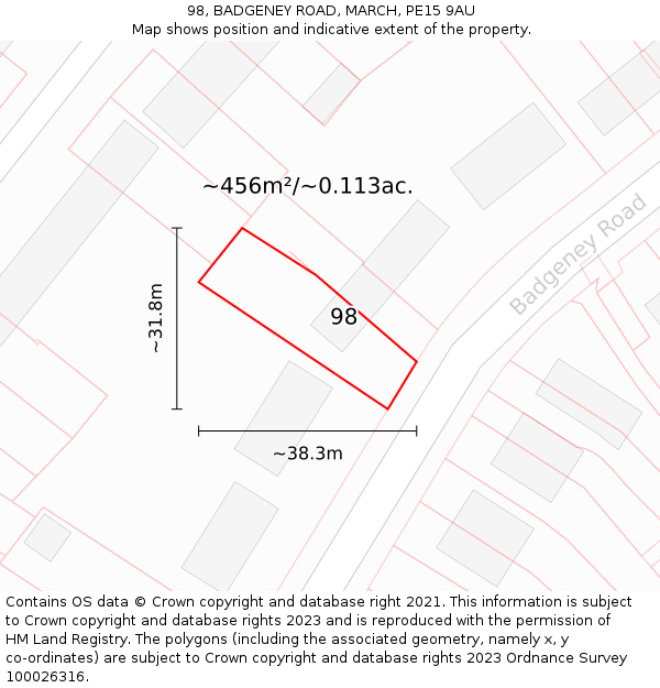 98, BADGENEY ROAD, MARCH, PE15 9AU: Plot and title map