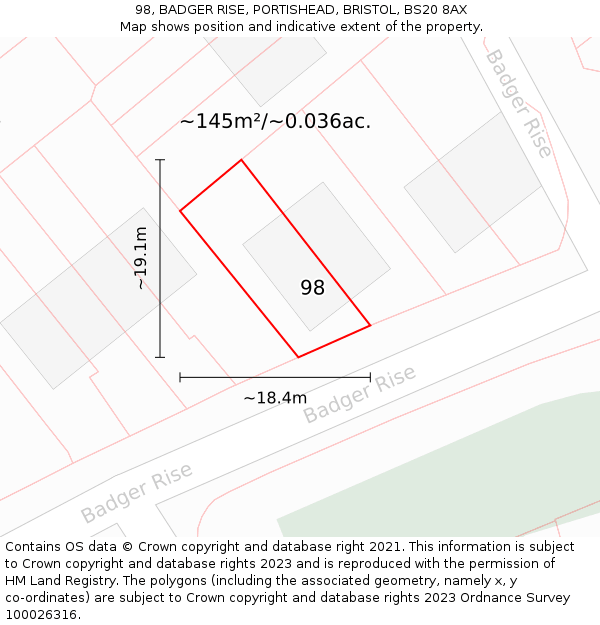 98, BADGER RISE, PORTISHEAD, BRISTOL, BS20 8AX: Plot and title map