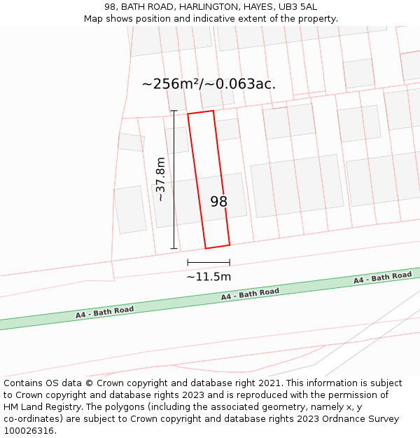 98, BATH ROAD, HARLINGTON, HAYES, UB3 5AL: Plot and title map