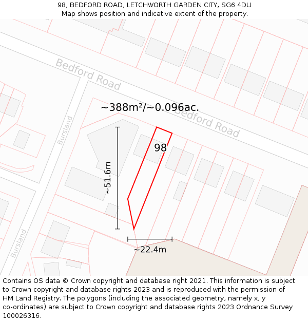 98, BEDFORD ROAD, LETCHWORTH GARDEN CITY, SG6 4DU: Plot and title map