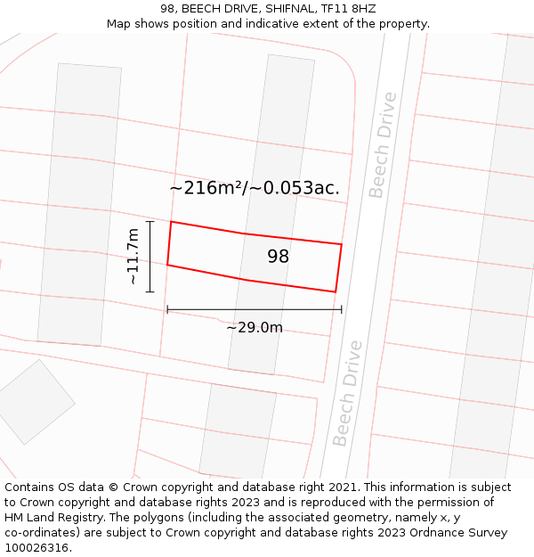98, BEECH DRIVE, SHIFNAL, TF11 8HZ: Plot and title map