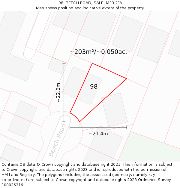 98, BEECH ROAD, SALE, M33 2FA: Plot and title map