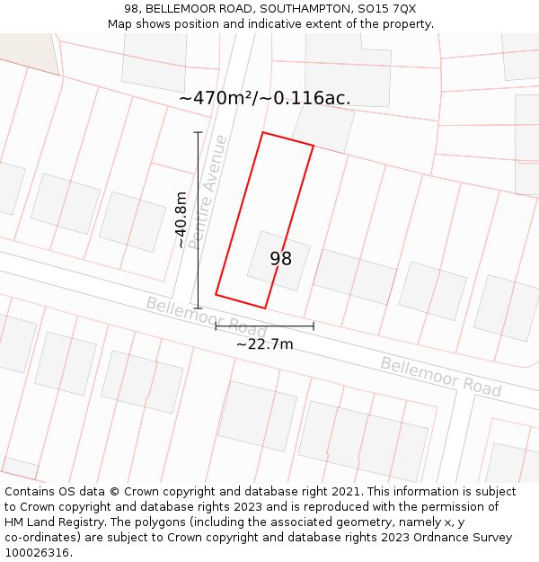 98, BELLEMOOR ROAD, SOUTHAMPTON, SO15 7QX: Plot and title map