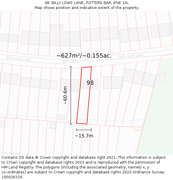 98, BILLY LOWS LANE, POTTERS BAR, EN6 1XL: Plot and title map