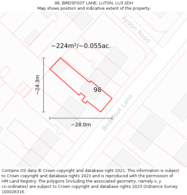 98, BIRDSFOOT LANE, LUTON, LU3 2DH: Plot and title map