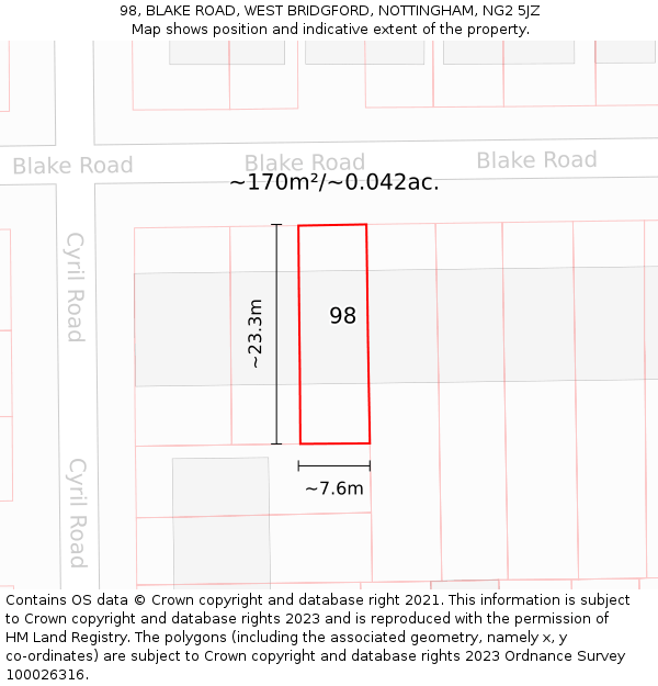 98, BLAKE ROAD, WEST BRIDGFORD, NOTTINGHAM, NG2 5JZ: Plot and title map