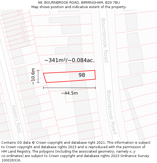 98, BOURNBROOK ROAD, BIRMINGHAM, B29 7BU: Plot and title map