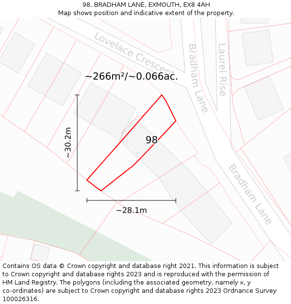 98, BRADHAM LANE, EXMOUTH, EX8 4AH: Plot and title map