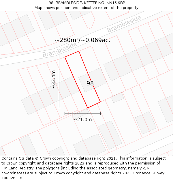 98, BRAMBLESIDE, KETTERING, NN16 9BP: Plot and title map