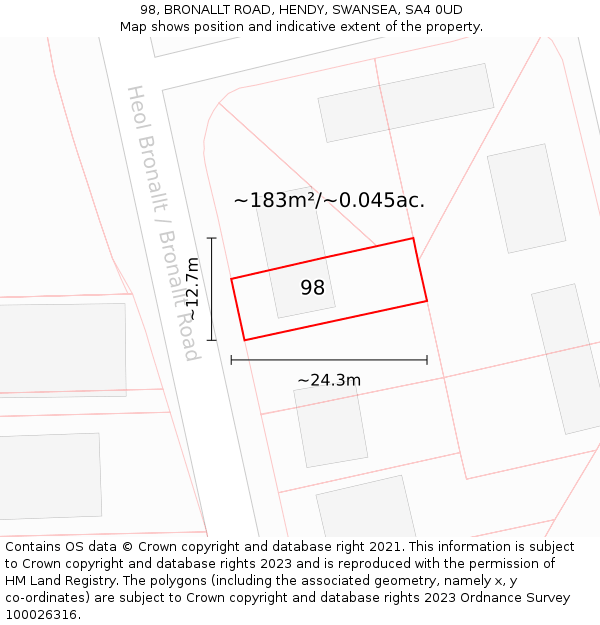 98, BRONALLT ROAD, HENDY, SWANSEA, SA4 0UD: Plot and title map