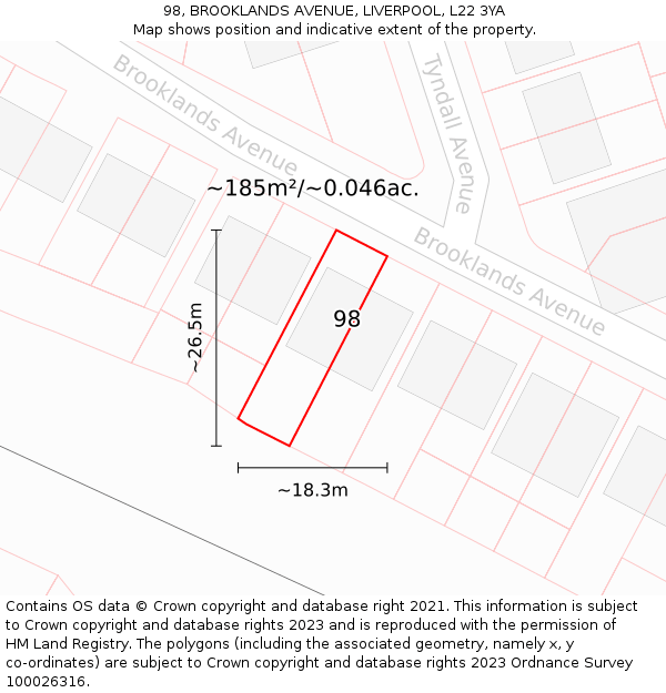 98, BROOKLANDS AVENUE, LIVERPOOL, L22 3YA: Plot and title map