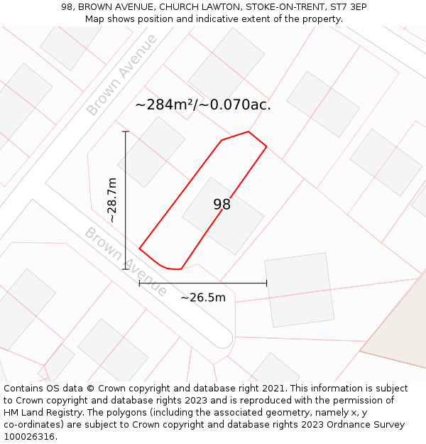 98, BROWN AVENUE, CHURCH LAWTON, STOKE-ON-TRENT, ST7 3EP: Plot and title map