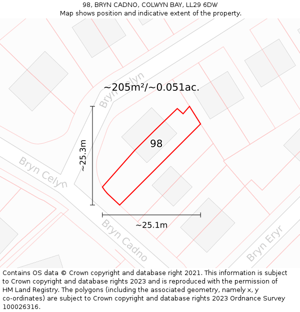 98, BRYN CADNO, COLWYN BAY, LL29 6DW: Plot and title map