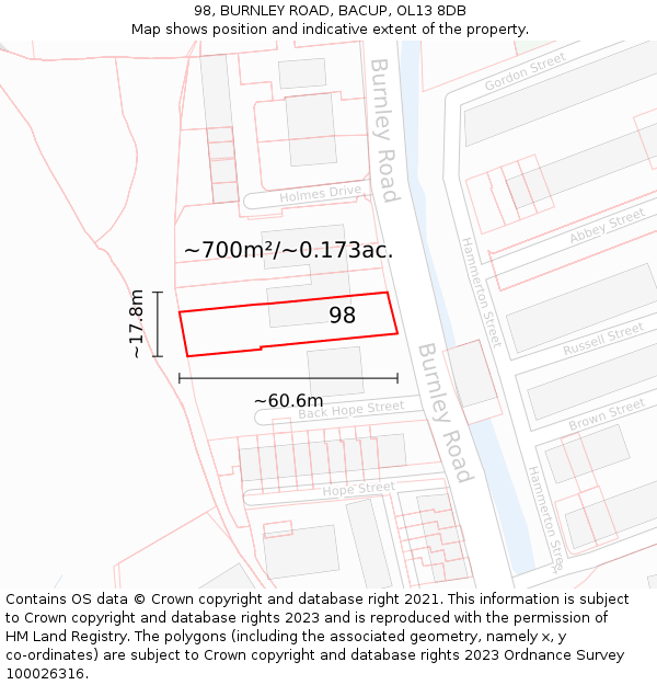 98, BURNLEY ROAD, BACUP, OL13 8DB: Plot and title map