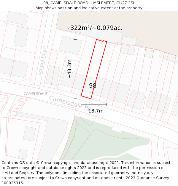 98, CAMELSDALE ROAD, HASLEMERE, GU27 3SL: Plot and title map