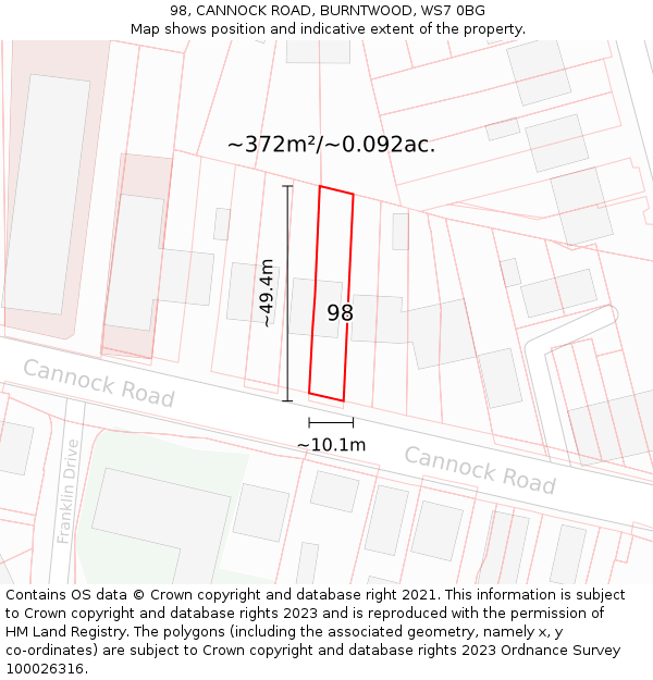 98, CANNOCK ROAD, BURNTWOOD, WS7 0BG: Plot and title map