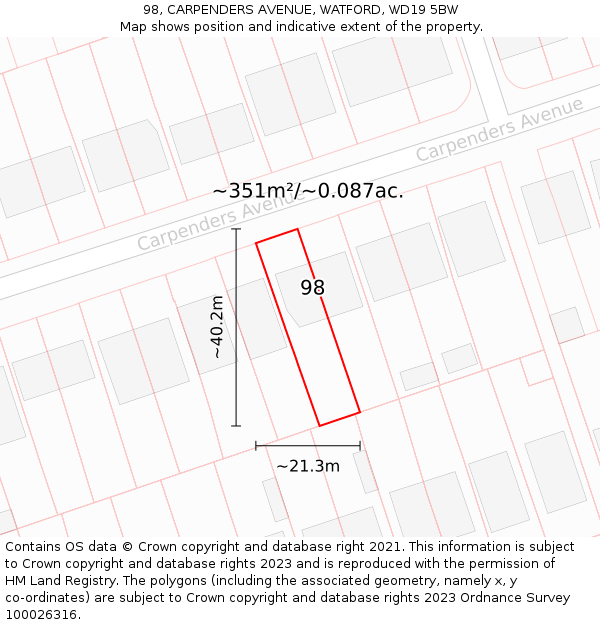 98, CARPENDERS AVENUE, WATFORD, WD19 5BW: Plot and title map