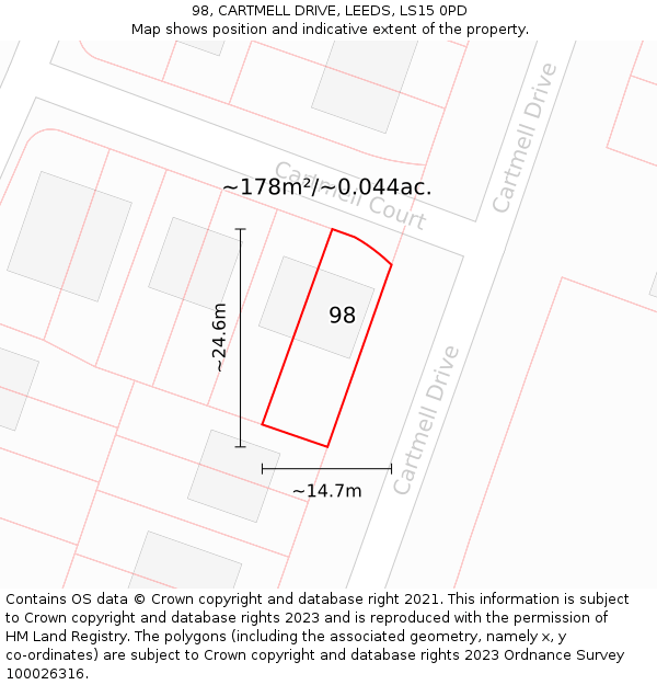 98, CARTMELL DRIVE, LEEDS, LS15 0PD: Plot and title map