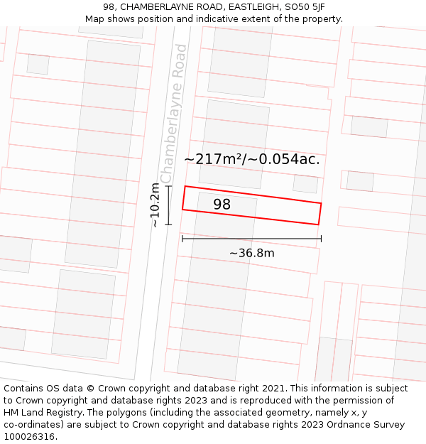 98, CHAMBERLAYNE ROAD, EASTLEIGH, SO50 5JF: Plot and title map