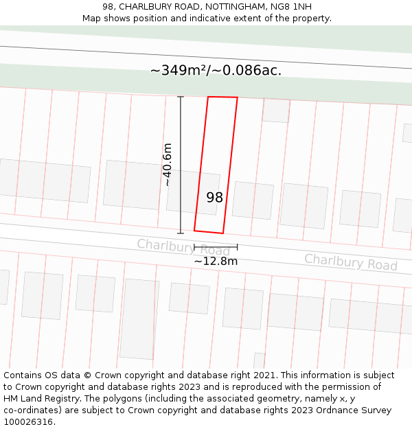 98, CHARLBURY ROAD, NOTTINGHAM, NG8 1NH: Plot and title map