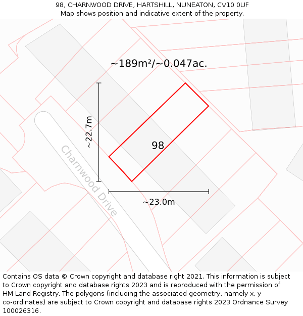 98, CHARNWOOD DRIVE, HARTSHILL, NUNEATON, CV10 0UF: Plot and title map