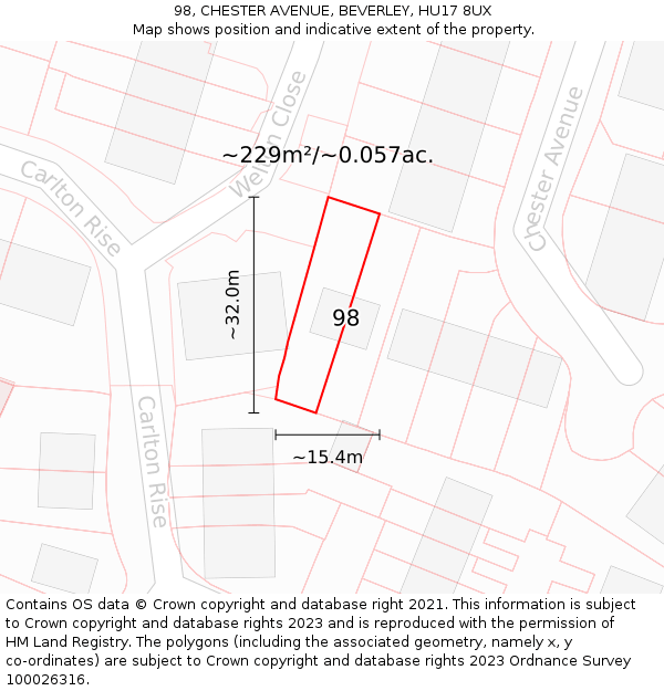 98, CHESTER AVENUE, BEVERLEY, HU17 8UX: Plot and title map