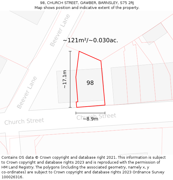 98, CHURCH STREET, GAWBER, BARNSLEY, S75 2RJ: Plot and title map