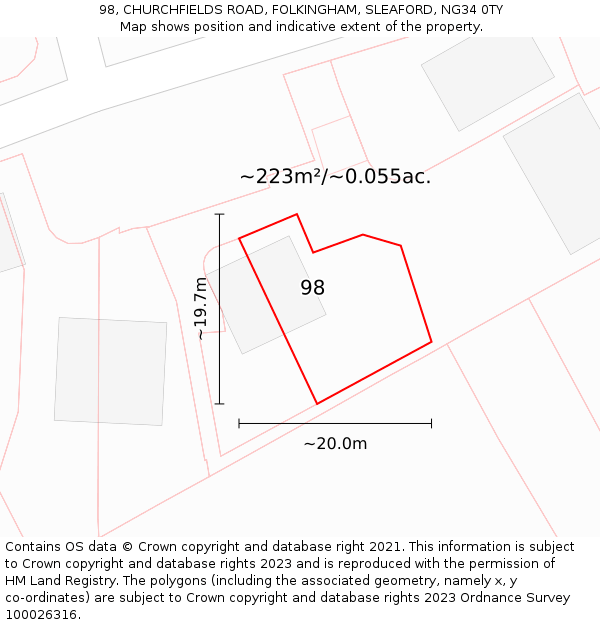 98, CHURCHFIELDS ROAD, FOLKINGHAM, SLEAFORD, NG34 0TY: Plot and title map