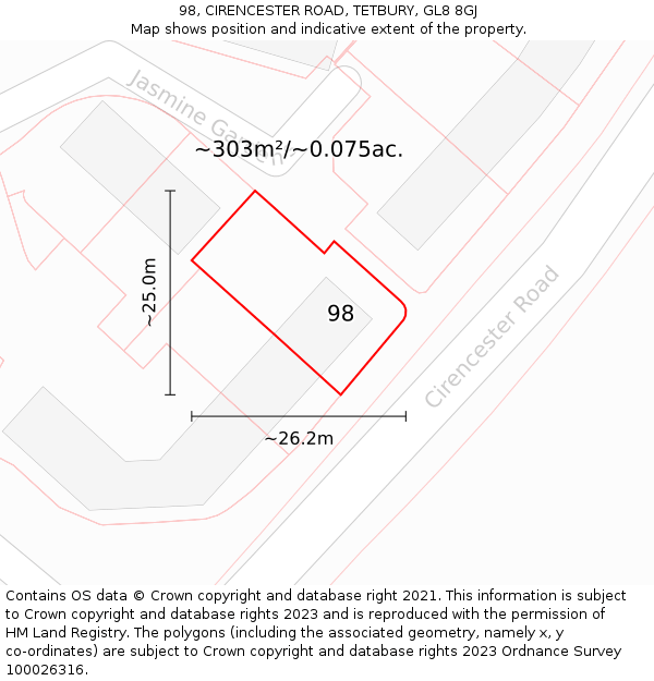 98, CIRENCESTER ROAD, TETBURY, GL8 8GJ: Plot and title map