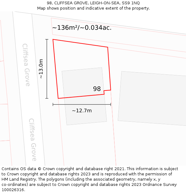 98, CLIFFSEA GROVE, LEIGH-ON-SEA, SS9 1NQ: Plot and title map