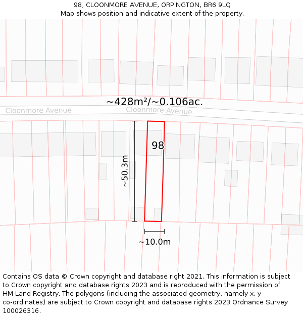 98, CLOONMORE AVENUE, ORPINGTON, BR6 9LQ: Plot and title map