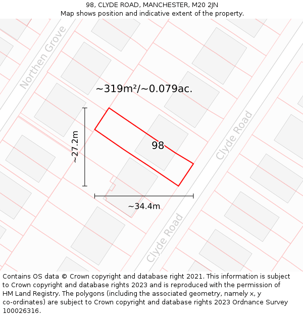 98, CLYDE ROAD, MANCHESTER, M20 2JN: Plot and title map