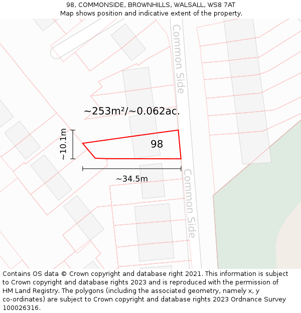 98, COMMONSIDE, BROWNHILLS, WALSALL, WS8 7AT: Plot and title map