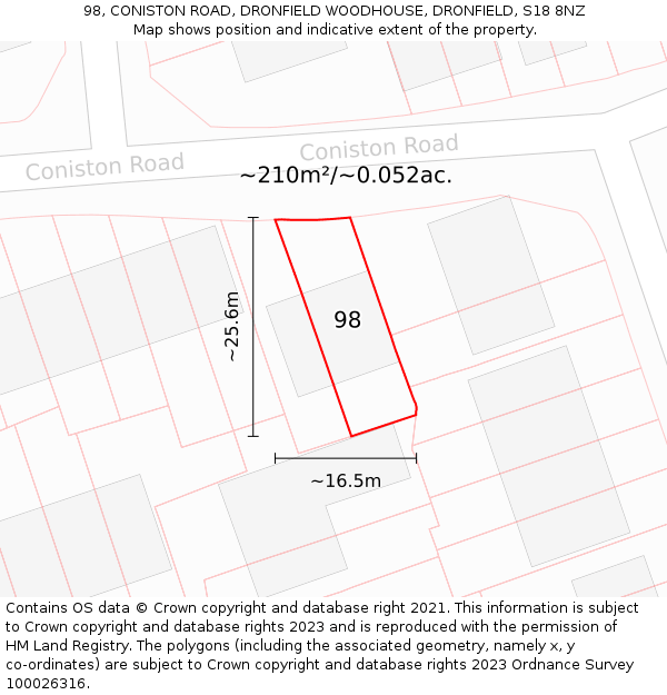 98, CONISTON ROAD, DRONFIELD WOODHOUSE, DRONFIELD, S18 8NZ: Plot and title map