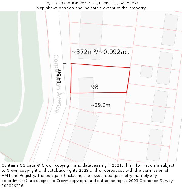 98, CORPORATION AVENUE, LLANELLI, SA15 3SR: Plot and title map