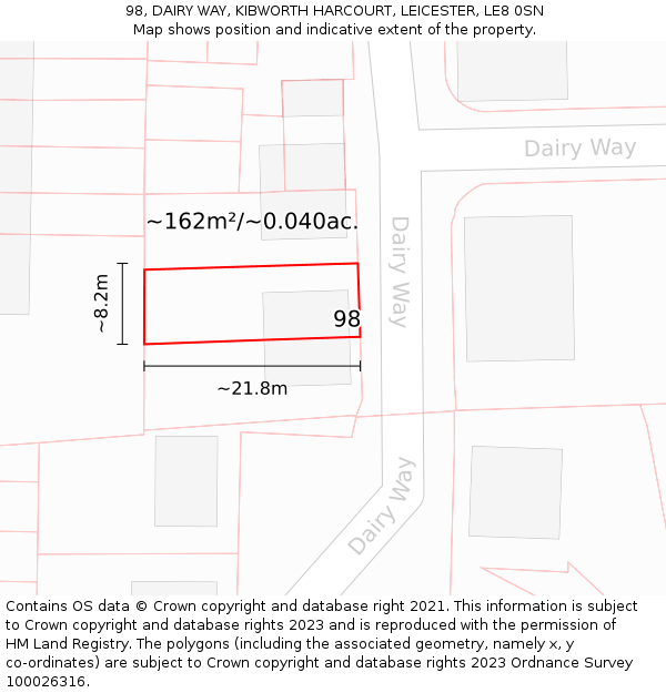 98, DAIRY WAY, KIBWORTH HARCOURT, LEICESTER, LE8 0SN: Plot and title map